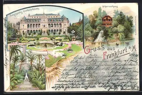 Lithographie Frankfurt-Westend, Palmengarten Gesellschaftshaus und Schweizerhaus