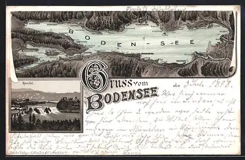 Lithographie Meersburg /Bodensee, Panorama mit Romanshorn, Rorschach und Konstanz, Rheinfall