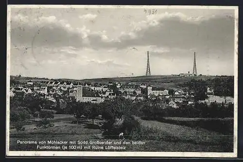 AK Mühlacker, Panorama mit Südd. Grosssender und den beiden Funktürmen, Ruine Löffelstelz