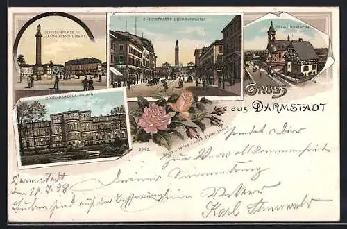 Lithographie Darmstadt, Rheinstrasse u. Louisenplatz, Louisenplatz u. Ludwigsmonument