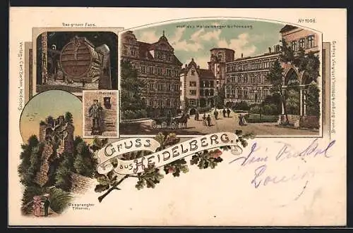 Lithographie Heidelberg, Das grosse Fass, Gesprengter Turm, Hof des Schlosses