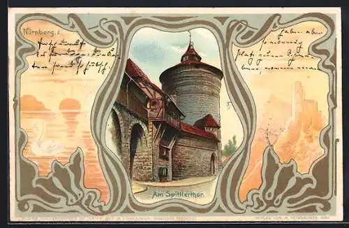 Passepartout-Lithographie Nürnberg, Am Spittlerthor, Burgruine, Ente auf Wasser