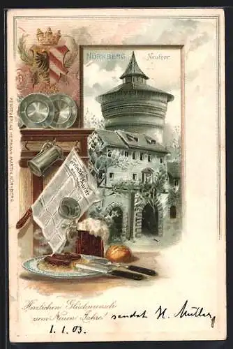 Passepartout-Lithographie Nürnberg, Ansicht vom Neuthor, Nürnberger Rostbratwürste