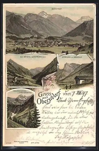 Lithographie Oberstdorf, Traufbachthal m. Krottenspitze, Himmeleck v. d. Käseralp, die Höfats v. Gerstruben aus