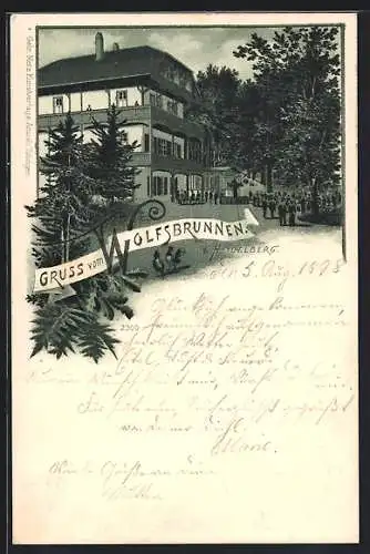 Lithographie Heidelberg, Gasthaus Wolfsbrunnen mit Gartenlokal