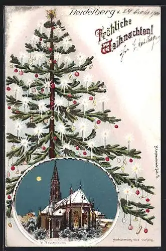 Lithographie Hannover, Markzkirche im Winter, beleuchteter Weihnachtsbaum