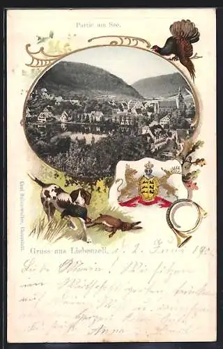 Passepartout-Lithographie Liebenzell, Ortschaft abgebildet mit Wappen, Jagdhund, Auerhahn und Parforce-Horn