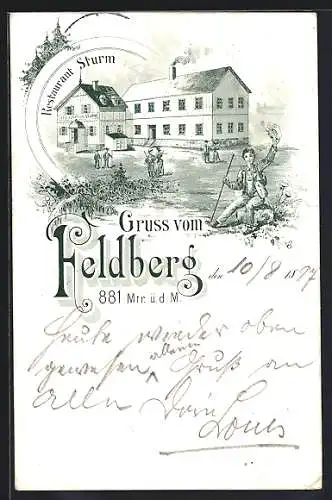 Lithographie Feldberg / Taunus, Restaurant Sturm und rastender Wanderer