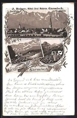 Lithographie Garmisch, Hotel drei Mohren, Ortschaft abgebildet mit Edelweiss