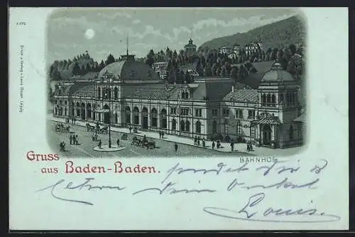 Mondschein-Lithographie Baden-Baden, Blick auf den Bahnhof