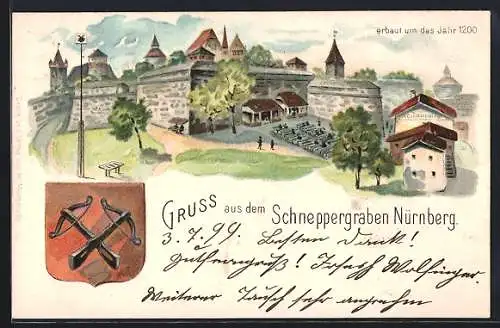 Lithographie Nürnberg, Schneppergraben, erbaut um das Jahr 1200, Wappen