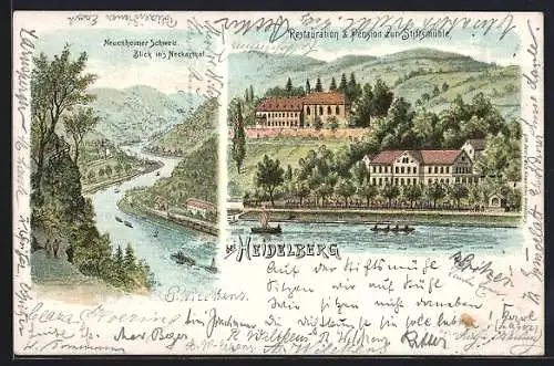 Lithographie Heidelberg / Neckar, Restaurant & Pension zur Stiftsmühle, Blick in`s Neckarthal in der Neuenheimer Schweiz