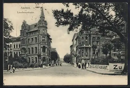 AK Aachen, Lousbergstrasse mit Passanten und Hotel-Restaurant