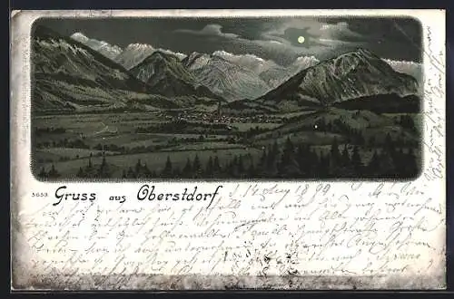 Lithographie Oberstdorf, Ortsansicht bei Nacht