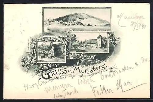 Lithographie Moritzberg / Berg, Der Moritzberg von Westen, Wirtschaft, Kapelle