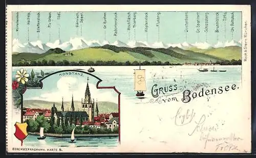 Lithographie Konstanz, Bodensee mit Bergpanorama