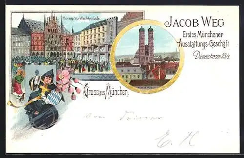 Lithographie München, Marienplatz mit Geschäft Jacob Weg - Wachtparade, Frauenkirche, Münchener Kindl