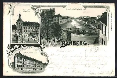 Lithographie Bamberg, Obere und Untere Brücke, Erzbisch. Klerikalseminar