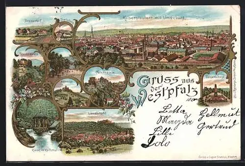 Lithographie Kaiserslautern, Teilansicht der Stadt, Ansichten von Landstuhl, Bremerhof und Falkenstein