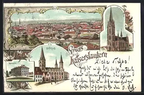 Lithographie Kaiserslautern, Ortsansicht mit Gymnasium, Stiftskirche und St. Marienkirche