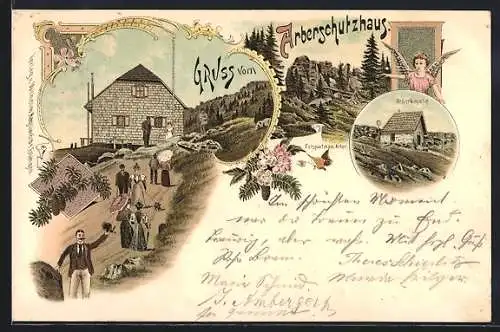 Lithographie Arberschutzhaus, Arberkapelle, Felspartie am Arber