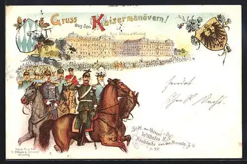 Lithographie Würzburg, Kaisermanöver, Schloss, Kaiser Wilhelm II., Rückkehr von der Parade 1897