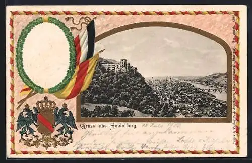 Passepartout-Lithographie Heidelberg / Neckar, Panorama, Portrait von Friedrich Grossherzog von Baden und Wappen