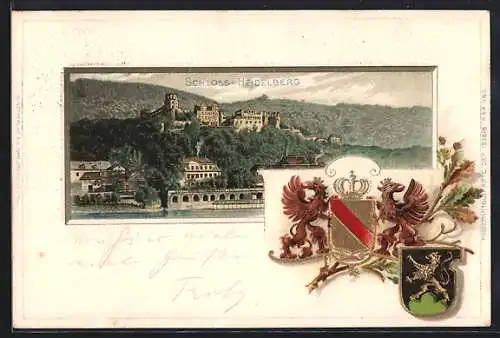 Passepartout-Lithographie Heidelberg / Neckar, Schlossansicht mit Wappen