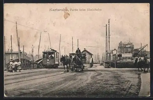 AK Karlsruhe, Partie beim Rheinhafen, Strassenbahn