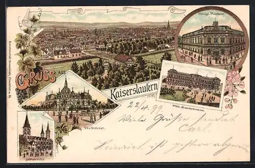 Lithographie Kaiserslautern, Pfälz. Gewerbemuseum, Königliches Postamt, Stiftskirche