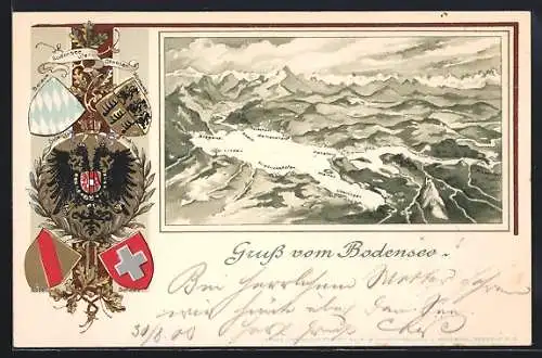 AK Bodensee, Wappen der Bodenseeufer-Staaten und Reliefkarte vom Bodensee