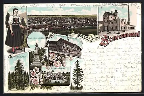 Lithographie Schwenningen / Neckar, Totalansicht, Bärenbrauerei, Uhrenmacherschule