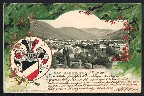 Passepartout-Lithographie Bad Harzburg, Teilansicht mit Bergen, Wappen