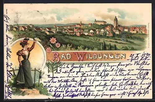 Lithographie Bad Wildungen, Gesamtansicht, Winkende Dame