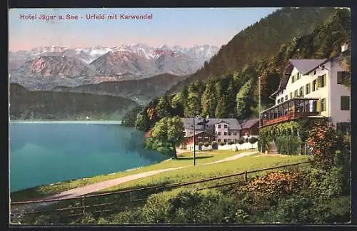 AK Urfeld / Walchensee, Hotel Jäger a. See mit Karwendel