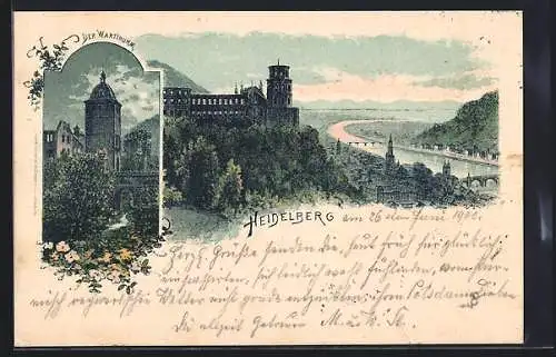 Lithographie Heidelberg / Neckar, Der Warthurm, Totalansicht