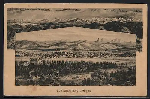 Künstler-AK Eugen Felle: Isny i. Allgäu, Teilansicht, Bergpanorama mit Zugspitz, Gaishorn und Grünten