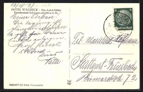 AK Freudenstadt /Schwarzwald, Hotel Waldeck, Bes. Lutz & Bässler