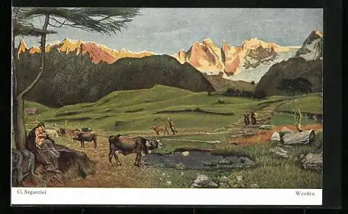 Künstler-AK Giovanni Segantini: Werden, Kühe auf der Alm