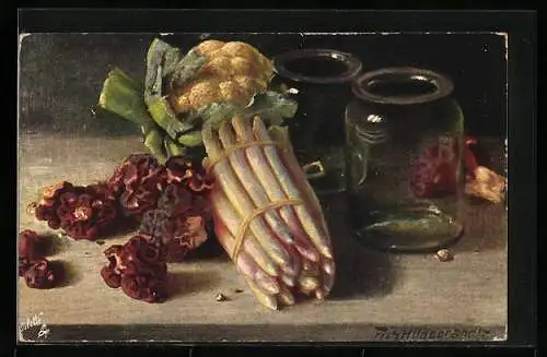 Künstler-AK Fritz Hildebrandt: Stilleben mit Spargel und Blumenkohl