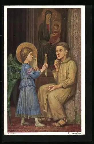 Künstler-AK Matthäus Schiestl: Engel überreicht dem Maler Fra Angelico Pinsel