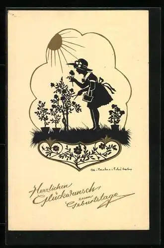 Künstler-AK Marta Sachse-Schubert: Mädchen pflückt Blumen, Geburtstagsglückwünsche