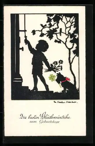 Künstler-AK Marta Sachse-Schubert: Kleiner Gratulant mit Hund läutet an der Haustür