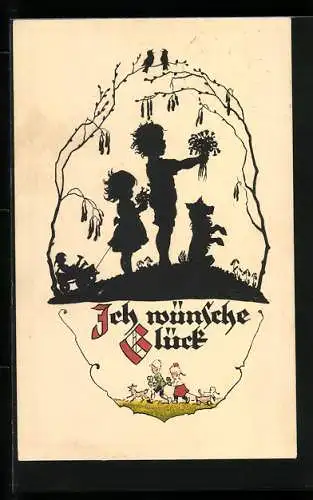 Künstler-AK Georg Plischke: Slhouette, Kinder mit Hund haten Blumensträusse