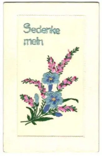 Seidenstick-AK Heide und blaue Blumen, Grusskarte