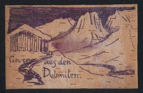 Holz-AK Kriegsgruss aus den Dolomiten, Karte aus Birkenrinde