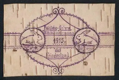 Holz-AK Kriegsostern 1915, Gruss aus Feindesland, Karte aus Birkenrinde