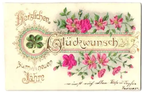 Stoff-Präge-AK Neujahrsgruss mit Kleeblatt und Rosen