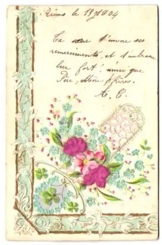 Stoff-Präge-AK Blumenstrauss mit Rosen und Vergissmeinnicht, Ornamente