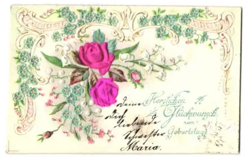Stoff-Präge-AK Rosen, Vergissmeinnicht, Ornamente, Geburtstagsgruss
